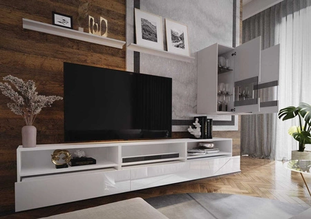 Kiria bílá / bílý lesk univerzální a stylová nástěnná skříňka do obývacího pokoje systém push to open pro dveře a zásuvky