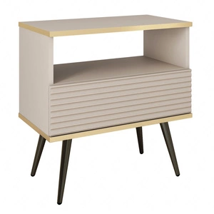 Luxusní béžový noční stolek se zásuvkou elegantní design skříňka se zlatým lemováním skříňka s rýhovaným čelem černé vysoké nohy
