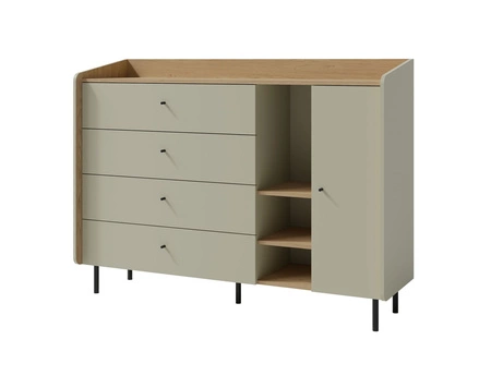 Komoda Olivio 155 cm eukalyptus / baltický dub dune ideální komoda do ložnice obývacího pokoje nebo pokoje pro mládež černé úchyty