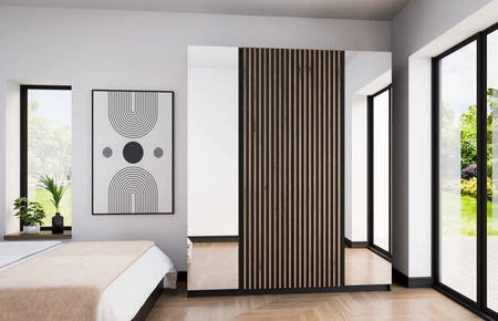 Zrcadlová šatní skříň Kastano XIV 200 cm černá elegantní design šatní skříně dveře zdobené lamelami v dubu evorke šatní skříň do předsíně
