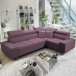 Rohová sedací souprava s funkcí spaní Dafni II heather right sametová rohová sedací souprava s úložným prostorem na lůžkoviny s celočalouněnou zásuvkou