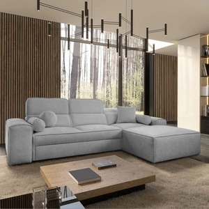 Rohová sedací souprava s funkcí spaní Viano světle šedá pravostranná stylová rohová sedací souprava se zajímavým tvarem nastavitelné opěrky hlavy dekorativní polštáře