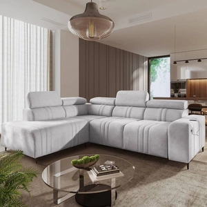 Rohová pohovka s funkcí spaní Castel VII šedý jasan levá stylová rohová pohovka s úložným prostorem na lůžkoviny a nastavitelnými opěrkami hlavy