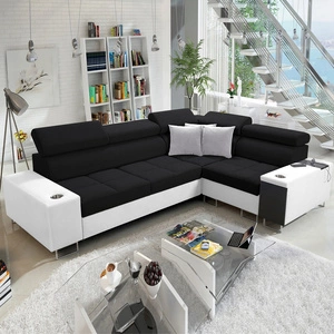 Rohová sedací souprava s funkcí spaní Dafni II černobílá pravostranná proplétaná rohová sedací souprava s celočalouněnou zásuvkou pro uložení lůžkovin