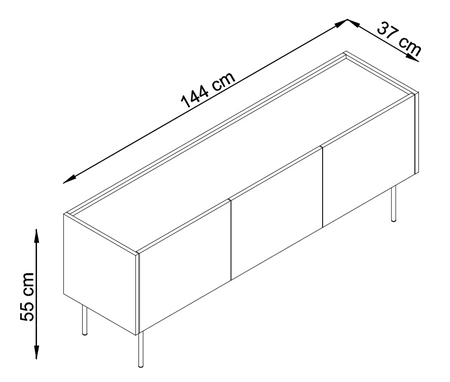 TV skříň Vellore 144 cm cihlová originální design bezúchytková čela kovové nohy v barvě čel skříně snížená horní část