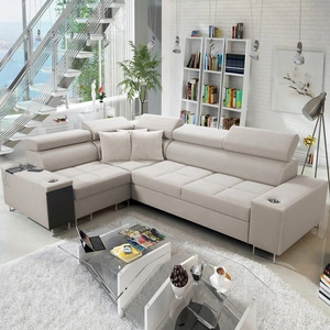 Rohová sedací souprava s funkcí spaní Dafni II světle béžová levá sametová rohová sedací souprava s úložným prostorem na lůžkoviny s plnovýsuvnou zásuvkou