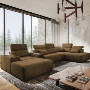 Rohová sedací souprava s funkcí spaní Tesalia V hnědá levá pohodlná rohová sedací souprava se zásuvkou a funkcí posuvného opěradla