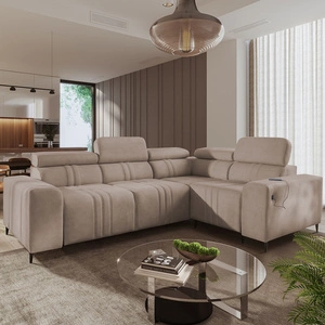 Rohová pohovka s funkcí spaní Castel II světle hnědá pravá pohodlná rohová pohovka s polohovatelnými opěrkami hlavy kontejner na lůžkoviny