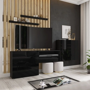 Nábytková stěna Agria černá / černý lesk mimořádný design praktické řešení ideální pro každý obývací pokoj opticky zvětšuje interiér
