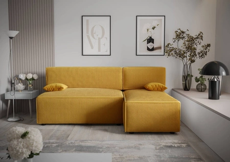 Rohová sedací souprava s funkcí spaní Brandon medový pravý roh trojrozměrná látka s výraznými pruhy nádoba na lůžkoviny