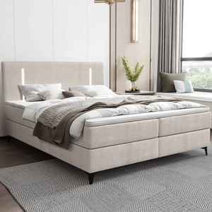 Kontinentální postel Norco 180x200 ecru Stylová postel s osvětlením kontejneru na ložní prádlo v čele postele dodává jedinečný nádech