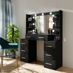 Toaletní stolek Adel 110 cm černý s LED osvětlením toaletní stolek se zrcadlem v glamour stylu prostorné zásuvky kovové úchyty