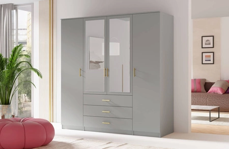 Šatní skříň Adel 200 cm šedá elegantní design prostorná skříň se zrcadlem a zásuvkami ideální do ložnice nebo předsíně zlaté úchyty