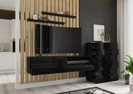 Nástěnná skříňka Almiros černá / černý lesk Moderní design Nástěnná skříňka se zásuvkovým systémem push to open do obývacího pokoje s komodou