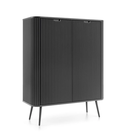 Komoda Zoya 103 cm černá elegantní design oválný tvar na černých kovových nohách vkusné drážkované čelo