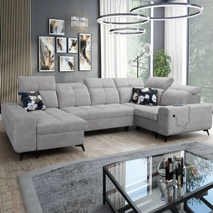 Rohová rozkládací pohovka Buffalo IV s funkcí spaní šedý jasan levá rozkládací pohovka se dvěma kontejnery na lůžkoviny velurová tkanina