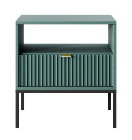 Lovro noční stolek se zásuvkou pastelově zelený vkusný drážkovaný dekor ideální skříňka do ložnice zlatá hrana rukojeť