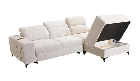 Rohová sedačka s funkcí spaní Penejos modrá pravá elegantní rohová sedačka s úložným prostorem na lůžkoviny pohodlné nastavitelné opěrky hlavy