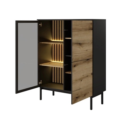 Sestava nábytku Clovis černá / dub evokuje netradiční design tlačit na otevření systému skleněných čel lamel v interiéru nástěnné skříňky