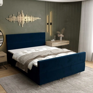 Modrá kontinentální postel Benet 160x200 v moderním skandinávském stylu s výrazným čelem a nohou