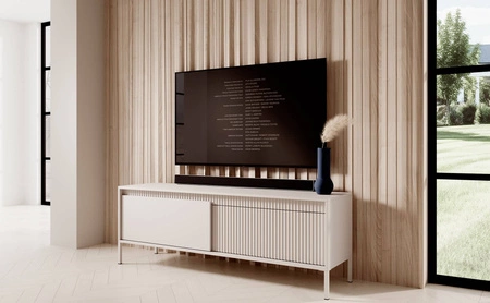 RTV skříň Sesti 154 cm béžová elegantní forma nábytku v moderním stylu systém push to open stabilní kovová základna