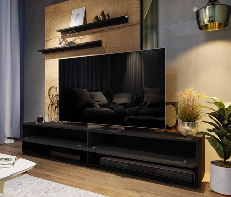 RTV skříňka Nea 180 cm černá / lesklá černá se závěsem a policemi stylový design, který se hodí do každého interiéru