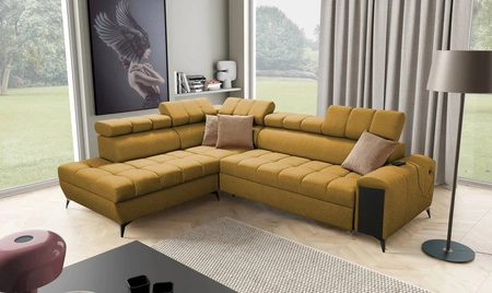 Rohová sedačka s funkcí spaní Bolmso VII hořčice levá elegantní rohová sedačka do obývacího pokoje se zásuvkou a kontejnerem na lůžkoviny