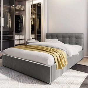 Čalouněná postel Mona 160x200 šedá s úložným boxem v moderním skandinávském stylu s prošívaným podhlavníkem s krystaly