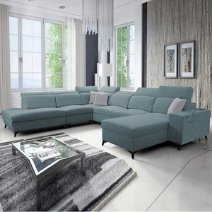 Kelly Sleek X arctic blue pravá rohová sedačka s funkcí spaní mimořádně elegantní rohová sedačka do obývacího pokoje s nastavitelnými opěrkami hlavy