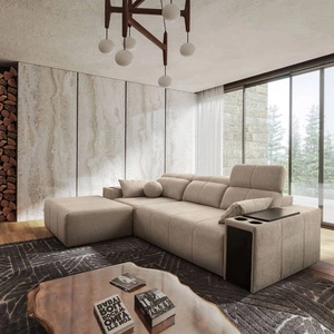 Rohová sedací souprava s funkcí spaní Tesalia béžová levá moderní design pohodlný posuvný opěrák zásuvka v boku nábytku