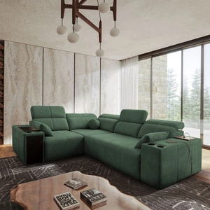 Rohová sedačka s funkcí spaní Tesalia II mátově zelené levá pohodlná rohová sedačka do obývacího pokoje s posuvným opěradlem nádoba na lůžkoviny