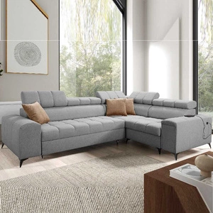 Rohová sedací souprava s funkcí spaní Bolmso II šedá pravostranná rohová sedací souprava se zásuvkou na lůžkoviny s plným výsuvem v boční části nábytku