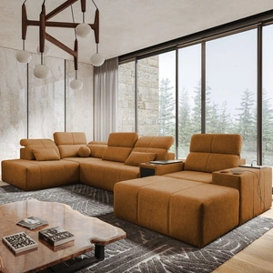 Rohová sedací souprava s funkcí spaní Tesalia V med pravá pohodlná rohová sedací souprava se zásuvkou a posuvným opěradlem