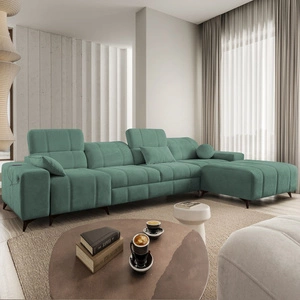 Rohová pohovka s funkcí spaní Penejos XII zelená pravostranná stylová rohová pohovka s kontejnery na lůžkoviny pohodlné nastavitelné opěrky hlavy