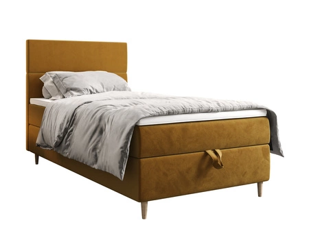 Kontinentální postel Bing 120x200 hořčice v moderním skandinávském stylu s čalouněným čelem postele s úložným boxem