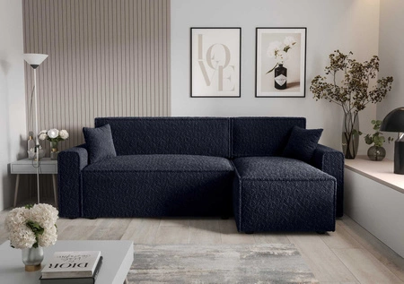 Rohová sedací souprava s funkcí spaní Brandon Bis námořnická modř pravá strana měkká tkanina s charakteristickou smyčkovou povrchovou nádobou na lůžkoviny
