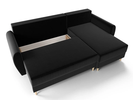 Rohová sedací souprava s funkcí spaní Rovigo černá pravá elegantní rohová sedací souprava ve skandinávském tvaru velká přihrádka na lůžkoviny
