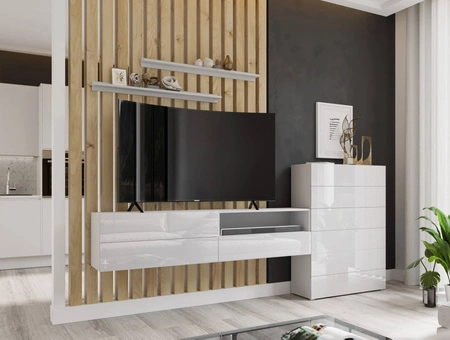 Nástěnná skříňka Almiros bílá / bílý lesk moderní design systém zásuvek push to open obývací stěna s komodou