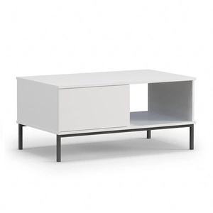 Bílý konferenční stolek Tutti se zásuvkami jednoduchý tvar podepřený kovovou základnou odolnou proti rozlití