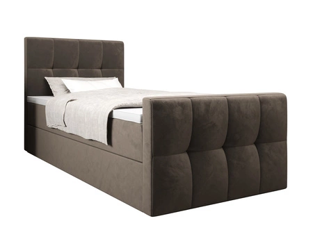 Kontinentální postel Manhattan 90x200 světle hnědá v moderním skandinávském stylu s čalouněným čelem a nohou postele s úložným boxem