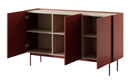 Komoda Vellore 144 cm cihlová elegantní komoda s výrazným charakterem se sníženou horní deskou v dubovém odstínu kovové nohy