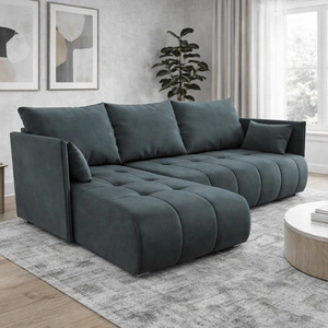 Rohová pohovka s funkcí spaní Selva tmavě šedá víceúčelová rohová pohovka s úložným prostorem na lůžkoviny z látky s plyšovým povrchem