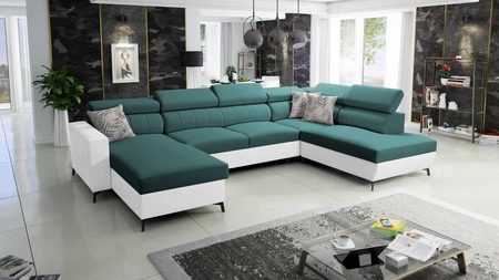 Rohová sedací souprava s funkcí spaní Savona VI tyrkysová / bílá levá elegantní a pohodlná rohová sedací souprava do obývacího pokoje dvě nádoby na lůžkoviny