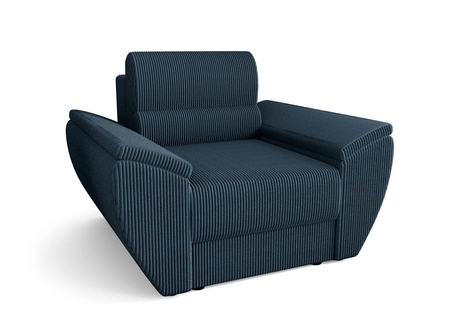 Křeslo Fogu modré moderní design pohodlné křeslo do obývacího pokoje manšestrová látka s výraznými pruhy široké područky