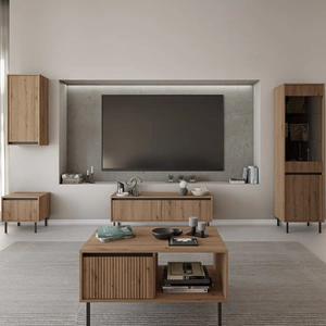 Nástěnná skříňka Osaka dub evoke / černá minimalistický design podtržený módními barvami vysoké kovové černé nohy vkusné rýhované čelo