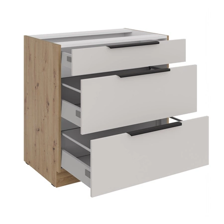 Stojící kuchyňská skříňka se zásuvkami Soela 80 D 3S BB kovové hrany úchytek skříňka odolná proti vlhkosti a poškození