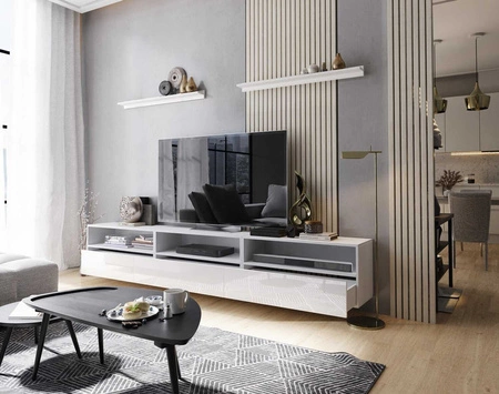 Kaires 258 cm bílá / bílá lesklá nástěnná skříňka RTV s policemi elegantní a stylový design, který se hodí do každého interiéru