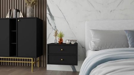Závěsný noční stolek Kioto IV black graphite se zásuvkami ideální skříňka do ložnice s jemnou povrchovou úpravou kovové zlaté úchytky