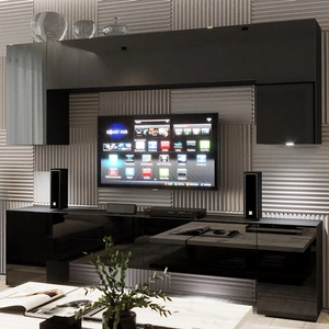 Netradiční nástěnná skříňka Tolo černá / černý lesk s elegantním charakterem, ideální do obývacího pokoje nebo zasedací místnosti