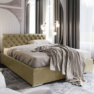 Čalouněná postel Bauru 180x200 béžová s úložným boxem v moderním skandinávském stylu s prošívanou opěrkou hlavy s krystaly